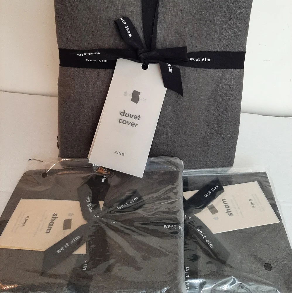 West Elm KING Belgian Flax Linen Duvet cover & 2 King shams Slate